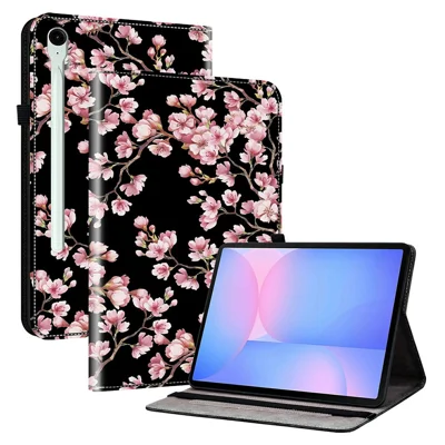For Samsung Galaxy Tab S10 FE+ Leather Case Pattern Printed Stand Tablet Cover with Card Slots - Plum Blossom