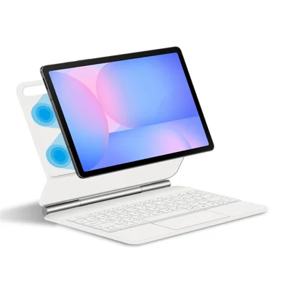 For Samsung Galaxy Tab S10 FE / S10 Lite / S9 / S8 / S7 FE Floating Magnetic Bluetooth-Compatible Keyboard (Arabic) + Leather Tablet Case - White