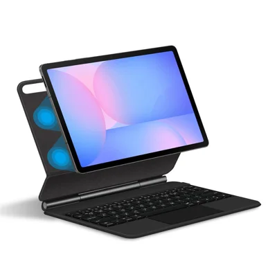 For Samsung Galaxy Tab S10 FE / S10 Lite / S9 / S8 / S7 FE Floating Magnetic Bluetooth-Compatible Keyboard (Korean) + Leather Tablet Case - Black