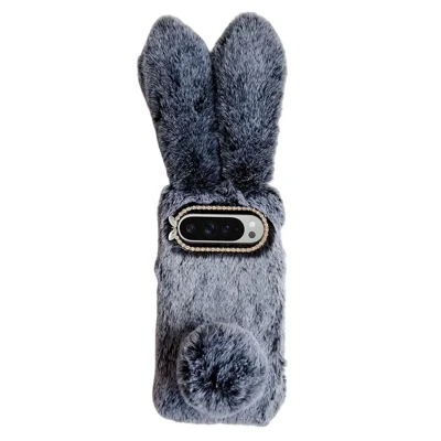 For Google Pixel 10 Pro XL Case Plush Cute Bunny Winter Fluffy TPU Phone Cover - Dark Grey