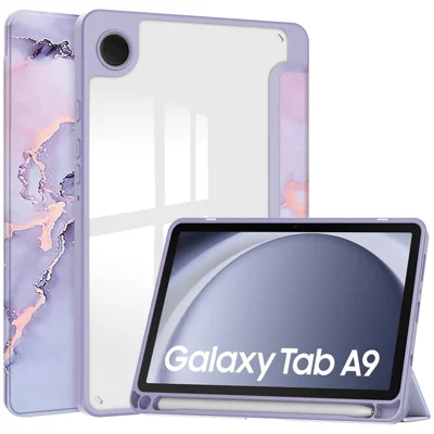For Samsung Galaxy Tab A9 Tablet Case Tri-Fold Stand Pattern Printing Clear Acrylic Leather Cover - Purple Marble