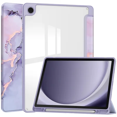 For Samsung Galaxy Tab A9+ Tablet Case Tri-Fold Stand Pattern Printing Clear Acrylic Leather Cover - Purple Marble