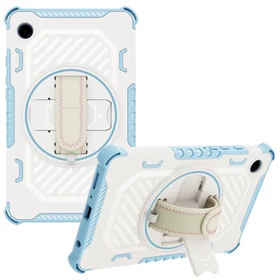 For Samsung Galaxy Tab A11 / A9 Case Kickstand PC + TPU Shockproof Tablet Cover With Hand Strap - Sky Blue