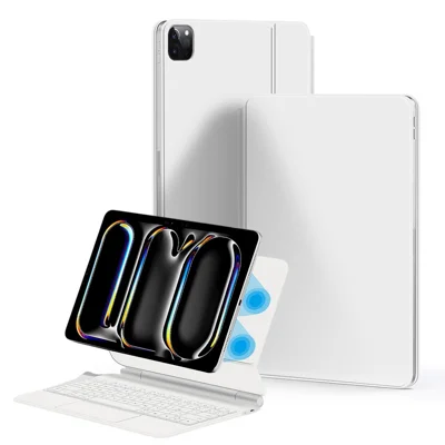 För iPad Pro 11 (2025) / 11 (2024) Magnetisk Svävande Bluetooth-kompatibel Tangentbord (Portugisiska) + Läderpärm för Surfplatta – Vit
