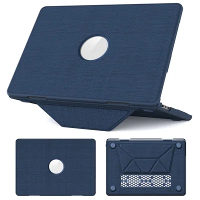 Laptop Case for MacBook Air 13 inch (2026) A3449 / (2025) A3240 / (2024) A3113 / (2022) A2681 PC TPU Cloth Shockproof Cover with Logo View / Kickstand - Navy Blue