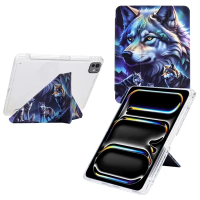 For iPad Pro 11 (2025) / (2024) Case Y-Fold Stand Pattern Print Leather + Clear Acrylic Tablet Cover with Pencil Holder - Phantom Wolf
