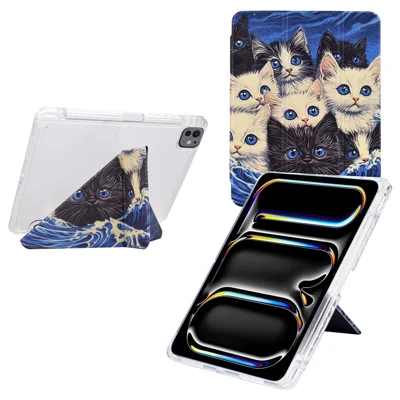 For iPad Pro 11 (2025) / (2024) Case Y-Fold Stand Pattern Print Leather + Clear Acrylic Tablet Cover with Pencil Holder - Cats