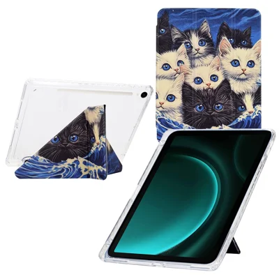 Tablet Case For Samsung Galaxy Tab S10 FE / S9 / S9 FE , Y-Fold Stand Pattern Print Leather + Clear Acrylic Cover with Pencil Holder - Cats