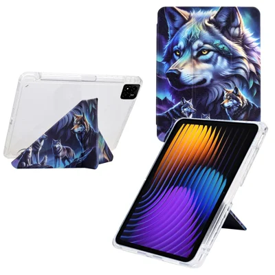 For Xiaomi Pad 7 / Pad 7 Pro Case Y-Fold Stand Pattern Print Leather + Clear Acrylic Tablet Cover with Pencil Holder - Phantom Wolf