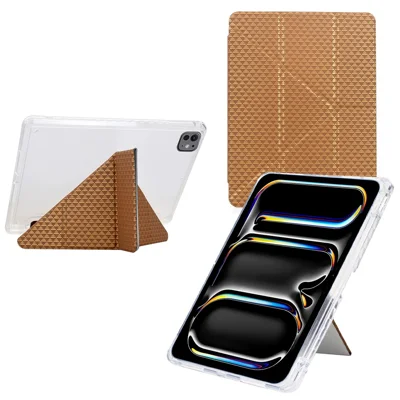 For iPad Pro 11 (2025) / (2024) Case Y-Fold Stand Pyramid-Patterned Leather + Clear Acrylic Tablet Cover with Pencil Holder - Gold