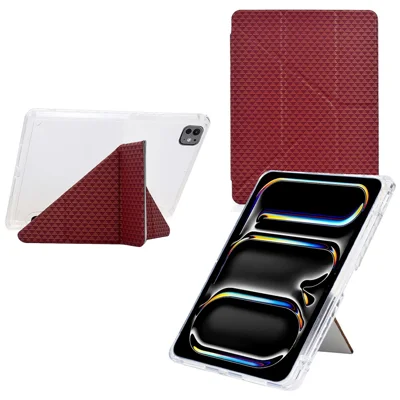 For iPad Pro 11 (2025) / (2024) Case Y-Fold Stand Pyramid-Patterned Leather + Clear Acrylic Tablet Cover with Pencil Holder - Red