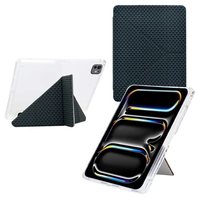 For iPad Pro 13 (2024) Case Y-Fold Stand Pyramid-Patterned Leather + Clear Acrylic Tablet Tablet Cover with Pencil Holder - Green