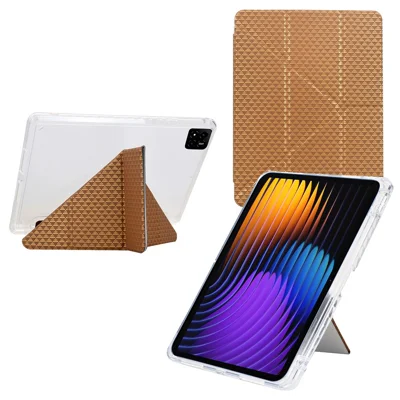 For Xiaomi Pad 7 / Pad 7 Pro Case Y-Fold Stand Pyramid-Patterned Leather + Clear Acrylic Tablet Cover with Pencil Holder - Gold