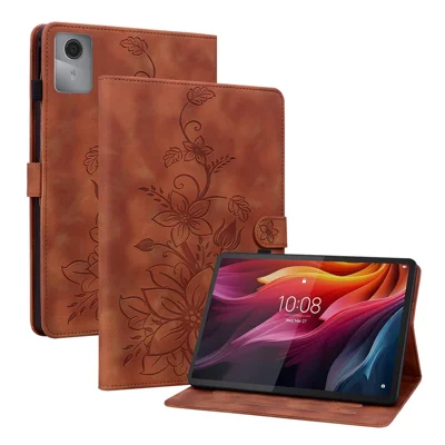 For Lenovo Tab K11 Gen 2 / Idea Tab / Xiaoxin Pad 11 2025 Case Lily Flower Imprint Card Slots Leather Tablet Cover - Brown