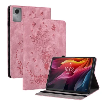 For Lenovo Tab K11 Gen 2 / Idea Tab / Xiaoxin Pad 11 2025 Case Card Holder Anti-Scratch Leather Cover Rose Flower Imprint - Pink