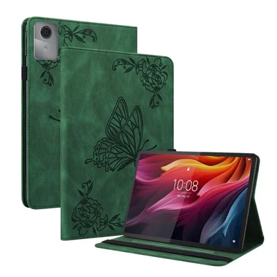 Futerała na tablet Lenovo Tab K11 Gen 2 / Idea Tab / Xiaoxin Pad 11 2025 z motywem motyla i kwiatów, pokrowiec z syntetycznej skóry PU z kieszeniami na karty - Zielony