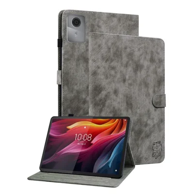 For Lenovo Tab K11 Gen 2 / Idea Tab / Xiaoxin Pad 11 2025 Case Tiger Imprint Anti-Scratch PU Leather Tablet Cover - Grey