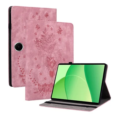 For Oppo Pad SE Case Card Holder Anti-Scratch Leather Cover Rose Flower Imprint - Pink
