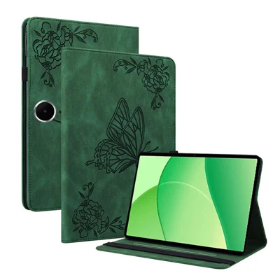 غطاء لوحي من جلد البولي يوريثان المطبوع بتصميم فراشة وزهرة لهاتف Oppo Pad SE مع فتحات للبطاقات - أخضر