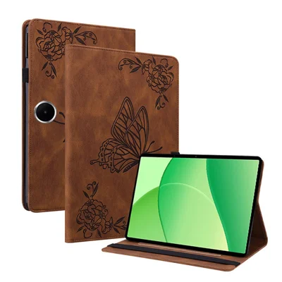 For Oppo Pad SE Case Butterfly Flower Imprint PU Leather Tablet Cover with Card Slots - Brown