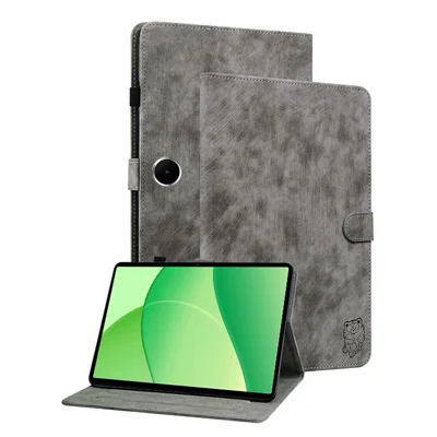 For Oppo Pad SE Case Tiger Imprint Anti-Scratch PU Leather Tablet Cover - Grey