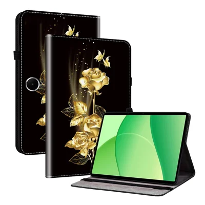 جراب جلد لجهاز Oppo Pad SE بتصميم مطبوع مع حامل وفتحات لوضع البطاقات - فراشة ذهبية ووردة