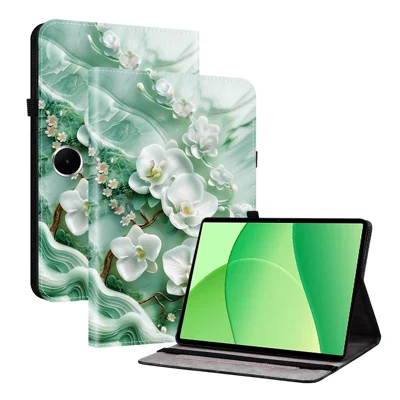 غطاء جلد لـ Oppo Pad SE بتصميم مطبوع مع حامل وفتحات لوضع البطاقات - زهرة اليشم