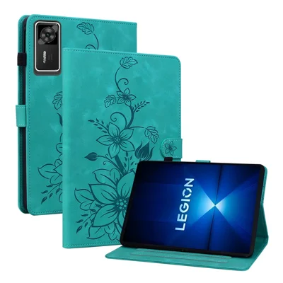 For Lenovo Legion Y700 Gen 4 Case Lily Flower Imprint Card Slots Leather Tablet Cover - Green