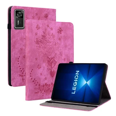 For Lenovo Legion Y700 Gen 4 Case Card Holder Anti-Scratch Leather Cover Rose Flower Imprint - Rose