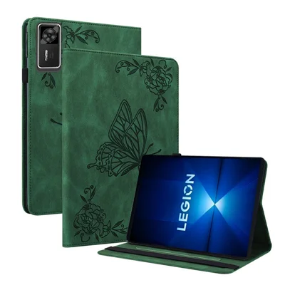 For Lenovo Legion Y700 Gen 4 Case Butterfly Flower Imprint PU Leather Tablet Cover with Card Slots - Green