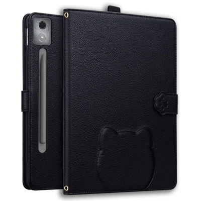 For Lenovo Xiaoxin Pad Pro 12.7 (2025) Case 3D Effect Cat Pattern Leather Stand Tablet Cover with Wallet, Stylus Holder - Black