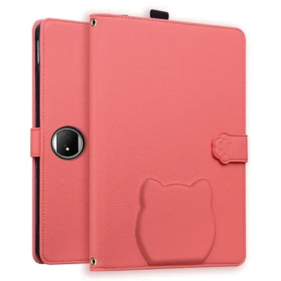 Voor Honor MagicPad 2 12.3 Hoesje 3D Effect Kattenkop Patroon Leren Standhoes met Portemonnee, Stylus Houder - Watermeloen Rood