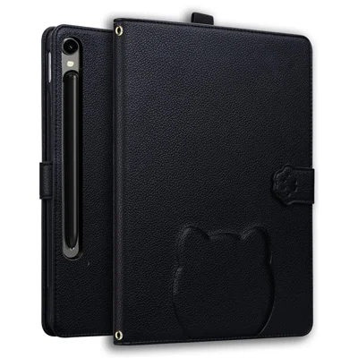 Wallet Case for Samsung Galaxy Tab S10 FE+ Leather Stand Tablet Cover with Stylus Holder, 3D Effect Cat Pattern - Black
