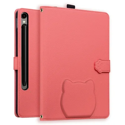Wallet Case for Samsung Galaxy Tab S10 FE+ Leather Stand Tablet Cover with Stylus Holder, 3D Effect Cat Pattern - Watermelon Red