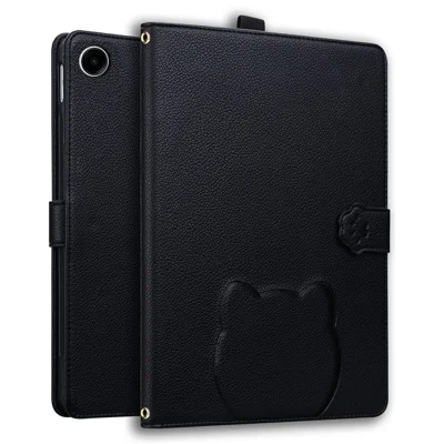 Wallet Case for Samsung Galaxy Tab A9+ Leather Stand Tablet Cover with Stylus Holder, 3D Effect Cat Pattern - Black