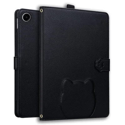 Wallet Case for Samsung Galaxy Tab A9 Leather Stand Tablet Cover with Stylus Holder, 3D Effect Cat Pattern - Black
