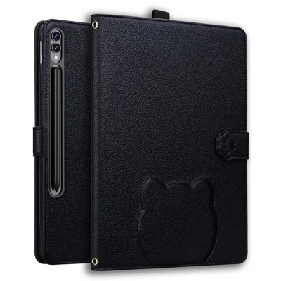 Wallet Case for Samsung Galaxy Tab S10+ / S9 FE+ / S9+ / S8+ Leather Stand Tablet Cover with Stylus Holder, 3D Effect Cat Pattern - Black