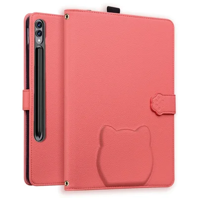 Wallet Case for Samsung Galaxy Tab S10+ / S9 FE+ / S9+ / S8+ Leather Stand Tablet Cover with Stylus Holder, 3D Effect Cat Pattern - Watermelon Red