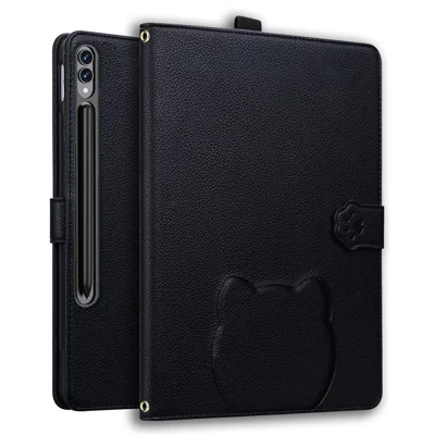 Wallet Case for Samsung Galaxy Tab S12 Ultra / S11 Ultra / S10 Ultra / S9 Ultra / S8 Ultra Leather Stand Tablet Cover with Stylus Holder, 3D Effect Cat Pattern - Black