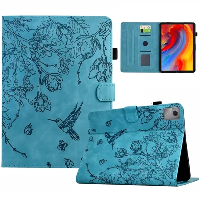 Fodral för Lenovo Xiaoxin Pad 11 2025 med blommor och fåglar, läder med kortfack - Babyblått