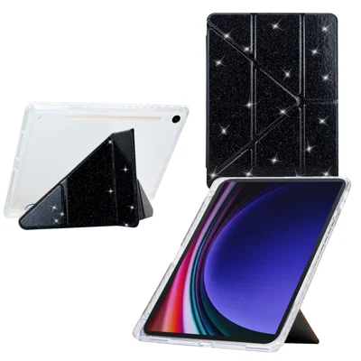 Tablet Case For Samsung Galaxy Tab S10 FE  /  S9 FE  /  S9 Y-Fold Stand Glitter Leather TPU Acrylic Clear Cover - Black