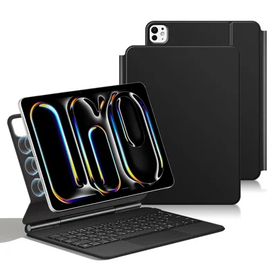 For iPad Pro 11 (2025) / (2024) Smart Pogo Pin Direct Connection Keyboard (Russian Layout) + Leather Tablet Case - Black