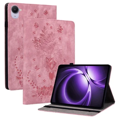 For Xiaomi Pad Mini / Redmi K Pad Case Card Holder Anti-Scratch Leather Cover Rose Flower Imprint - Pink