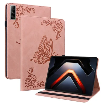For Infinix Xpad GT Case Butterfly Flower Imprint PU Leather Tablet Cover with Card Slots - Pink
