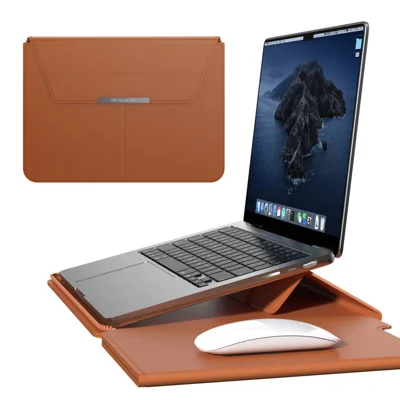 For 13 - 14 inch Laptop Sleeve with Stand PU Leather Detachable Case Protective Cover - Brown