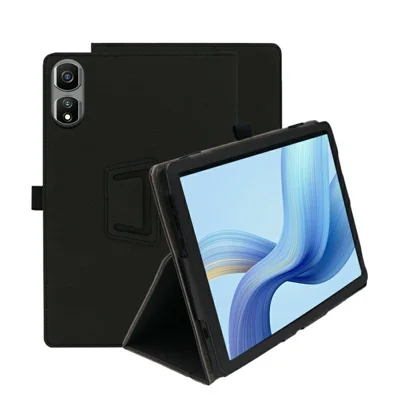 غطاء لوحي من جلد PU مع حامل لهاتف Blackview Tab 60 Pro، مزود بحزام يد مدمج - أسود