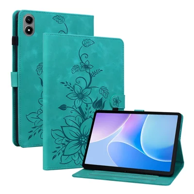 For Infinix Xpad 20 Case Lily Flower Imprint Card Slots Leather Tablet Cover - Green