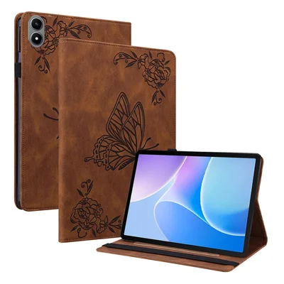 For Infinix Xpad 20 Case Butterfly Flower Imprint PU Leather Tablet Cover with Card Slots - Brown