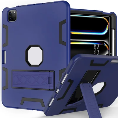 For iPad Pro 13 (2025) / 13 (2024) Case Silicone + PC Kickstand Tablet Cover with Pencil Holder - Navy Blue / Black