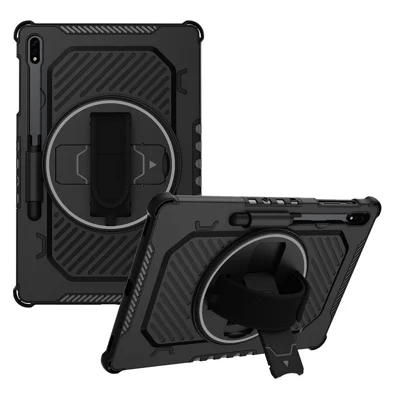 Kickstand Case for Samsung Galaxy Tab S10+ / S9+ / S8+ / S7+ / S7 FE PC + TPU Shockproof Tablet Cover with Hand Strap / Pen Slot - Black